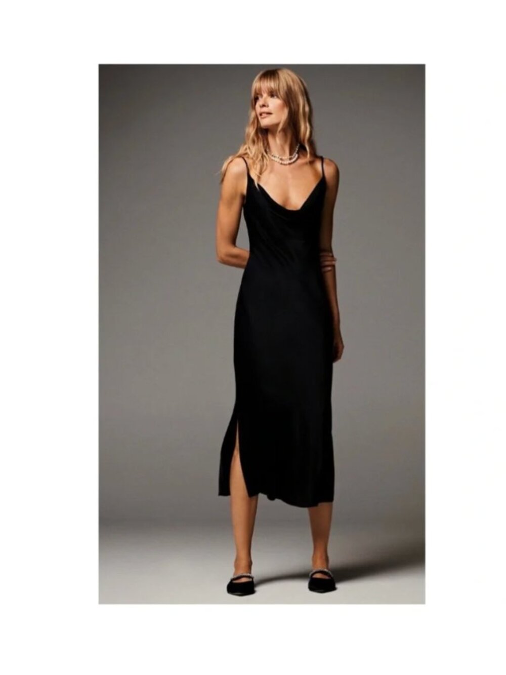 Anthropologie Elyse Slip Dress Maxi Long Cowl Neck Satin Silky Black Size Large